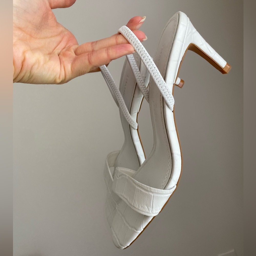 Zara Animal White Leather High Heeled Elastic Slingback Sandal size 38 / 7.5 - Picture 1 of 16